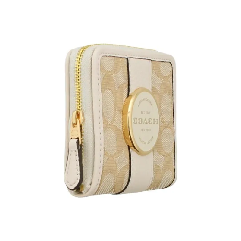 COACH Lonnie Jacquard Fabric With Cow Leather Clutch Wallet Trumpets Women's Light Khaki & White-1
