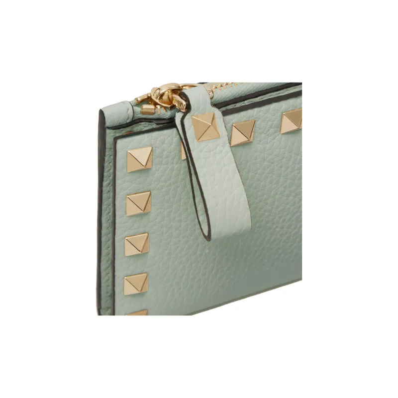 Valentino Rockstud Grained Calfskin Card Holder Women's Aqua Green-3