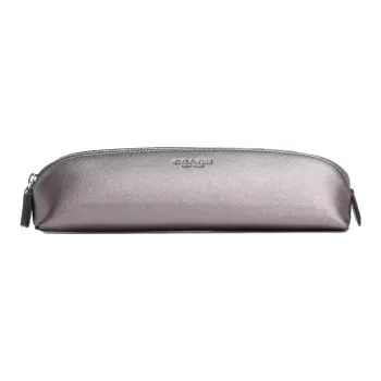 COACH Pencil Case Metal Smooth Leather Pencil Case Storage Bag Small Size Unisex Silver Gray