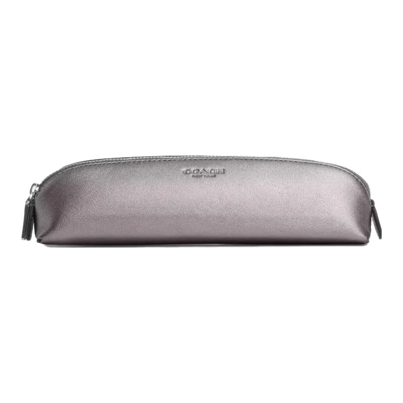COACH Pencil Case Metal Smooth Leather Pencil Case Storage Bag Small Size Unisex Silver Gray-0