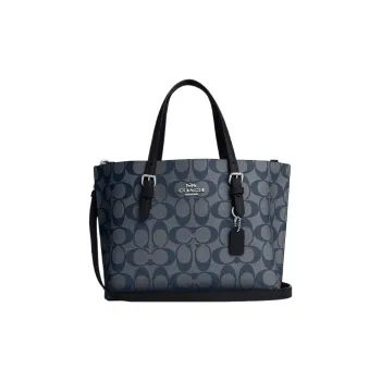 COACH Mollie Coated Canvas With Leather Tote Bag Shopping Bag Handbags Medium Size Women's Silver Denim Midnight Navy
