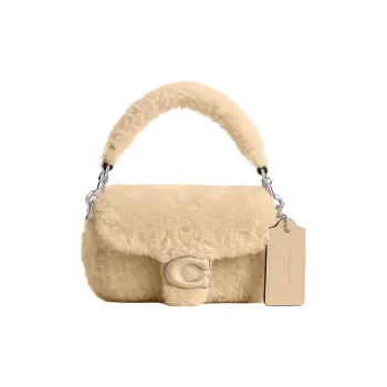 COACH Tabby Shearling With Leather Pillow Bag, Handbag, Shoulder Bag, Crossbody Bag Mini Women's Silver & Cream