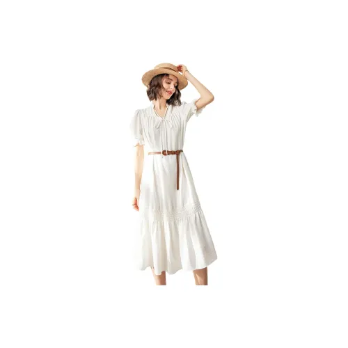 Famanxuan Short-Sleeved Dresses Women's Elegant White