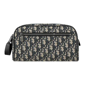 DIOR Oblique Jacquard With Grain Cow Leather Toiletry Bag Men's Beige & Black