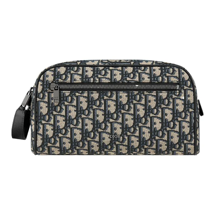 DIOR Oblique Jacquard With Grain Cow Leather Toiletry Bag Men's Beige & Black-0
