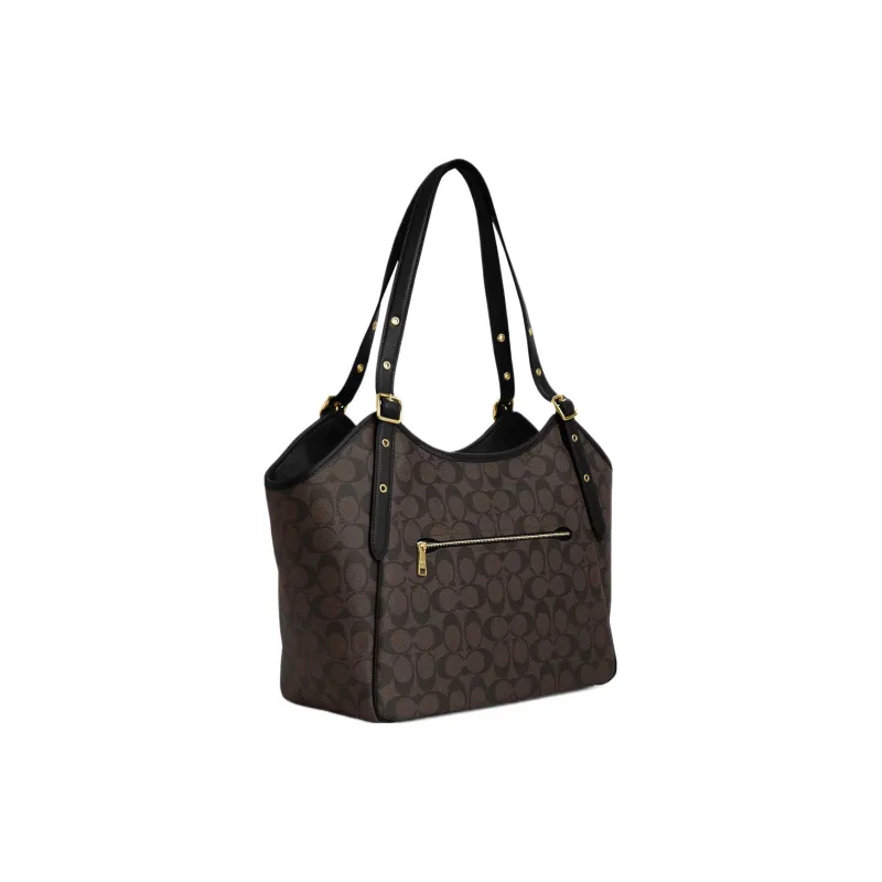 COACH Canvas With Leather Tote Bag Shopping Bag Handbag Shoulder Bag Women's Gold & Brown Black-1