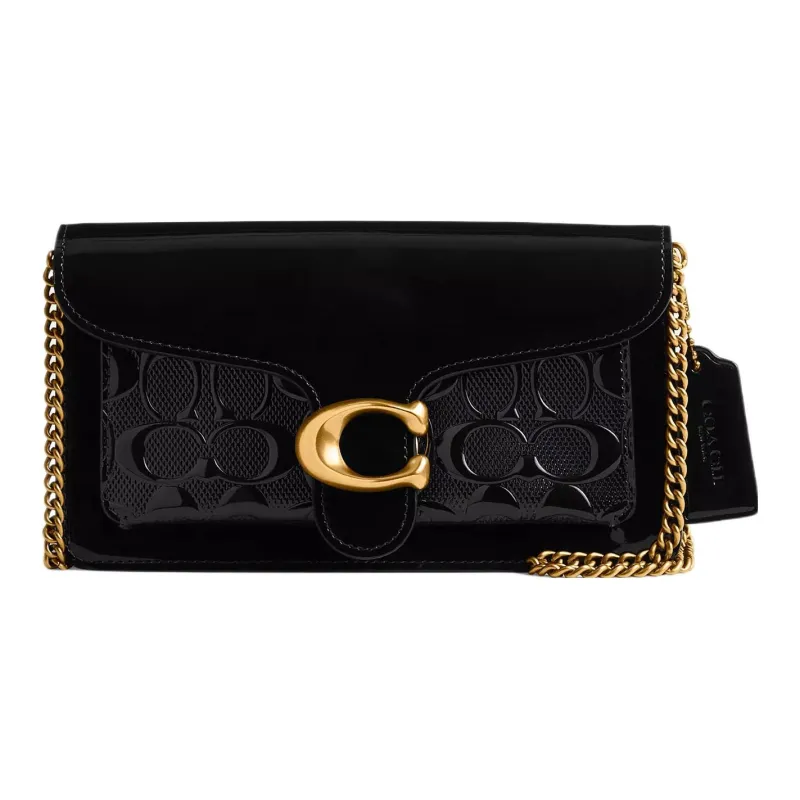 COACH Tabby Patent Leather Envelope Bag One Shoulder Crossbody Clutches Small Size Women's Brass & Black-0