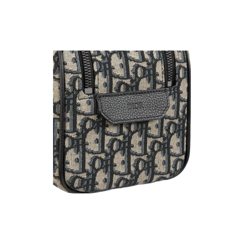 DIOR Oblique Jacquard With Grain Cow Leather Toiletry Bag Men's Beige & Black-4