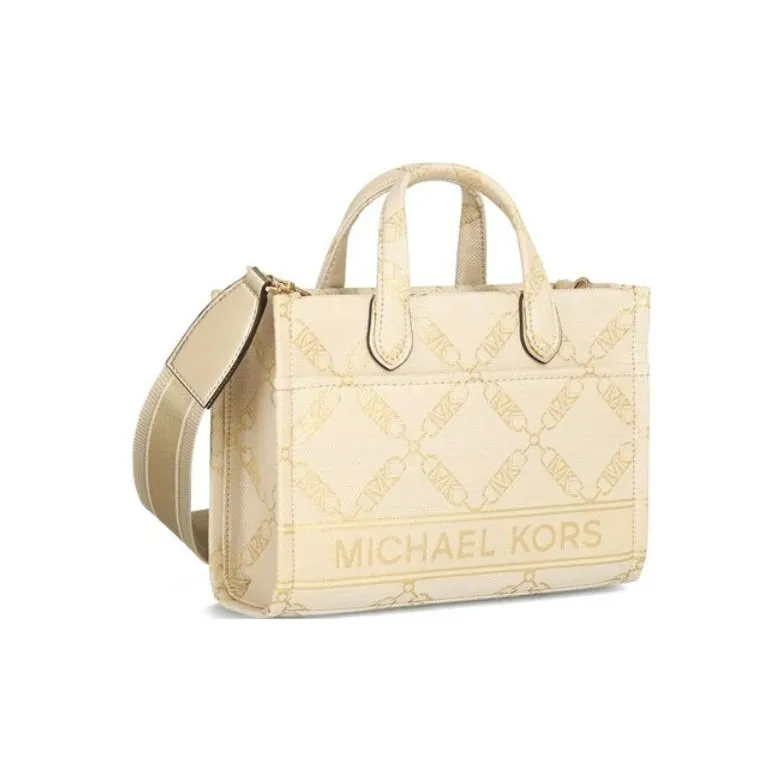 MICHAEL KORS Gigi Fabric Tote Bag, Shopping Bag, Handbag, Crossbody Bag Trumpets Women's Beige & Gold-1