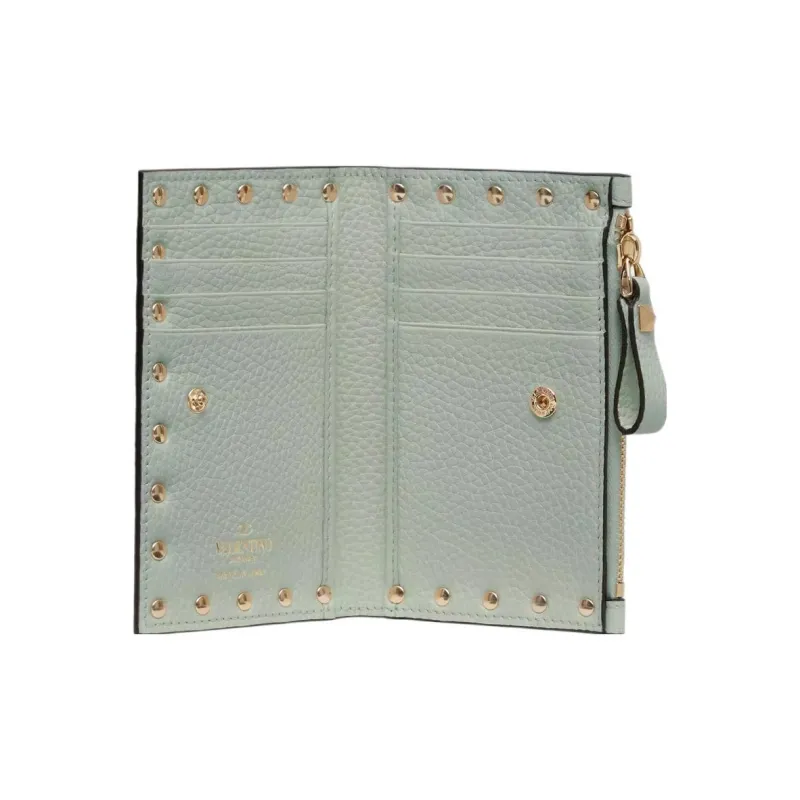 Valentino Rockstud Grained Calfskin Card Holder Women's Aqua Green-2