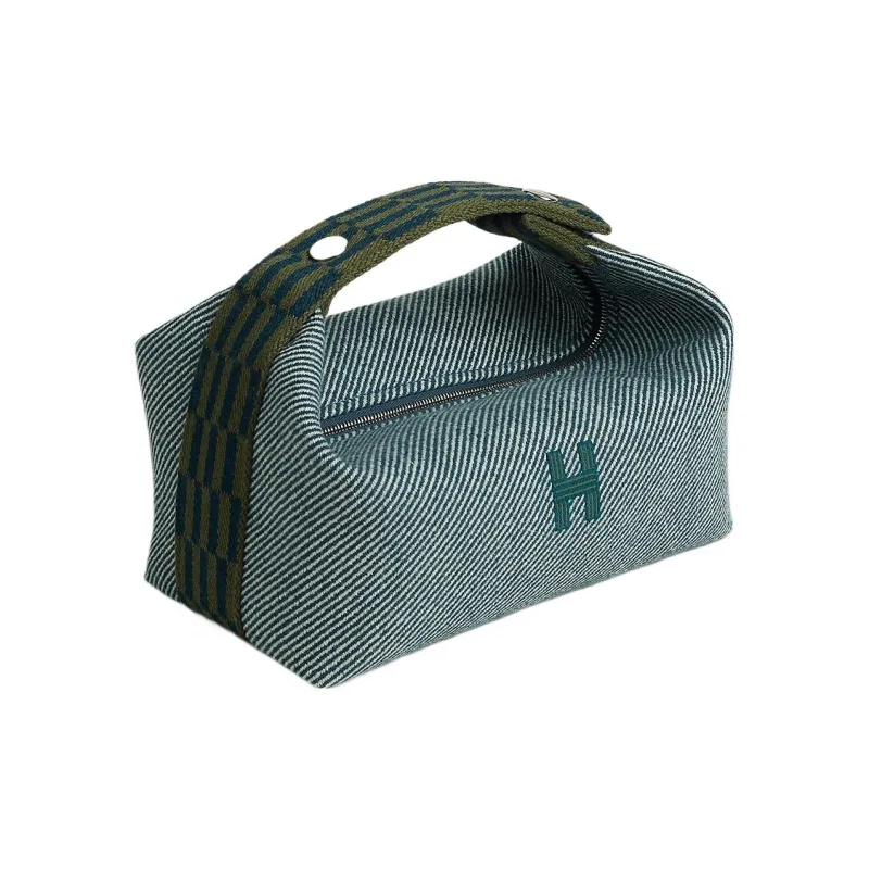 HERMES Bride a Brac Wool, Twill Fabric Handbag, Toiletry Bag Women's Denim Blue-0