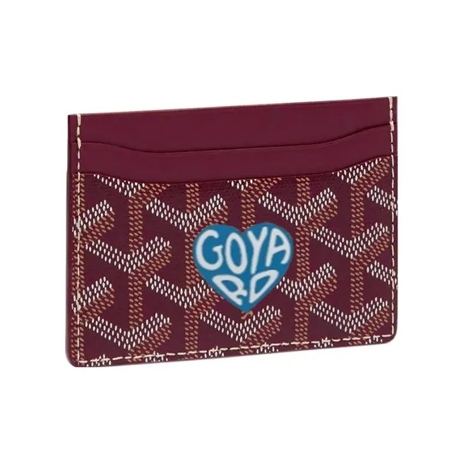 GOYARD Saint-Sulpice Canvas With Leather Dog's Teeth Card Clip Card Holder Unisex Burgundy & Sky Blue Small Heart-0