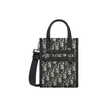 DIOR Oblique Printed Fabric Grain Embossed Cow Leather Handbag Shoulder Bag Crossbody Bag Mini Men's Beige & Black
