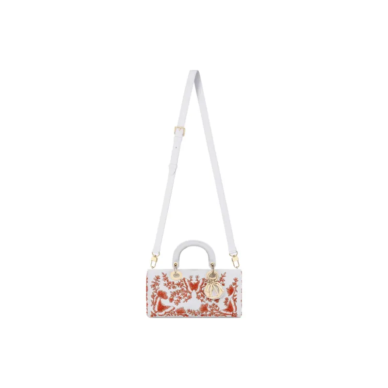 DIOR Lady D-JOY Calfskin Shoulder Bag Crossbody Bag Handbag Medium Size Women's White & Red-2