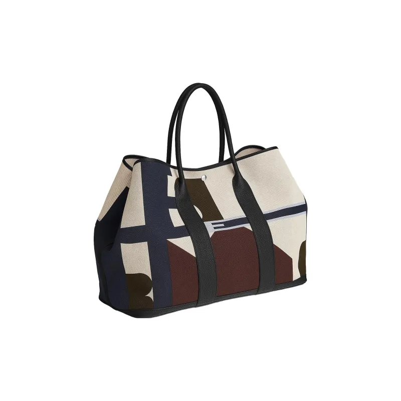 HERMES Garden H Plume Hermès Pacific Canvas With Negonda Calfskin Handbag Women's Indigo & Light Beige & Beige & Black-1
