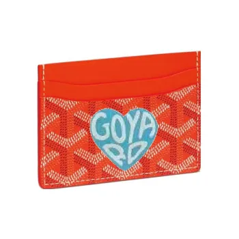 GOYARD Canvas With Calfskin Card Clip Card Holder Unisex Orange With Light Blue Small Heart Design