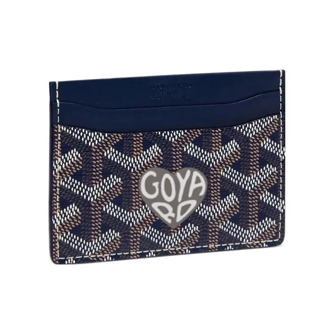 GOYARD Saint-Sulpice Canvas With Leather Dog's Teeth Card Clip Card Holder Unisex Navy Blue Spell Gray Small Hearts-0