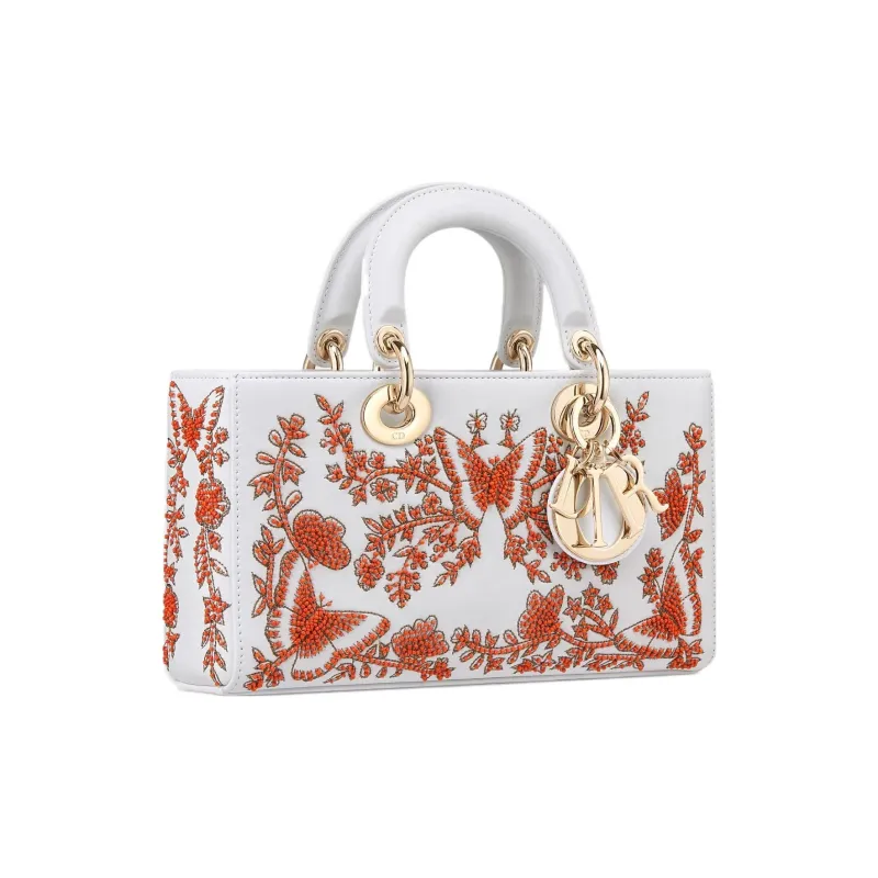 DIOR Lady D-JOY Calfskin Shoulder Bag Crossbody Bag Handbag Medium Size Women's White & Red-3