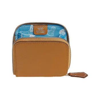 HERMES Silk'In Evercolor Calfskin Coin Purse Women's Caramel Brown With Blue Accents
