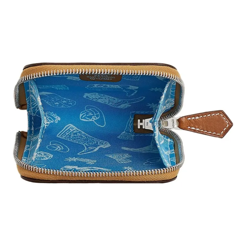 HERMES Silk'In Evercolor Calfskin Coin Purse Women's Caramel Brown With Blue Accents-1