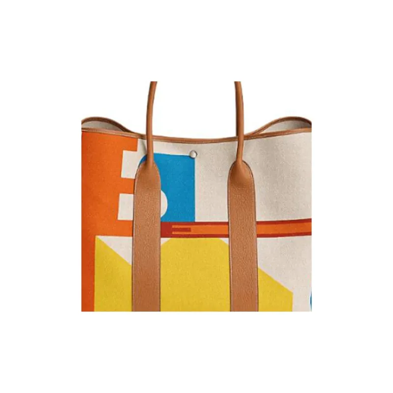 HERMES Garden Party H Plume Hermès Pacific Canvas With Negonda Calfskin Garden Handbag Women's Orange Red & Light Beige-1