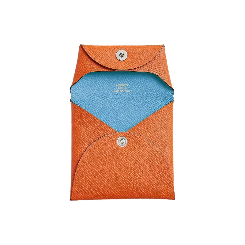 HERMES Bastia Epsom Calfskin Coin Purse Wallets Card Holders Women's Orange & Blue-1