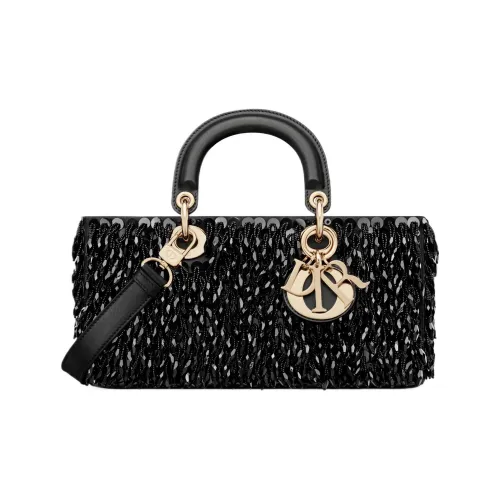 DIOR Lady D-JOY Glass Beads Shoulder Bag Crossbody Bag Handbag Medium Size Women's Black