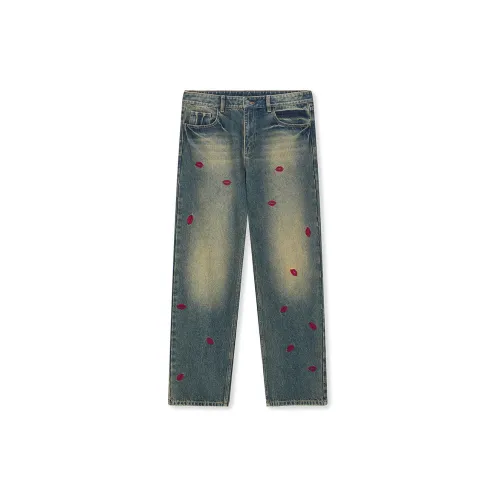 DICETINY Lipstick Embroidery Washed Jeans
