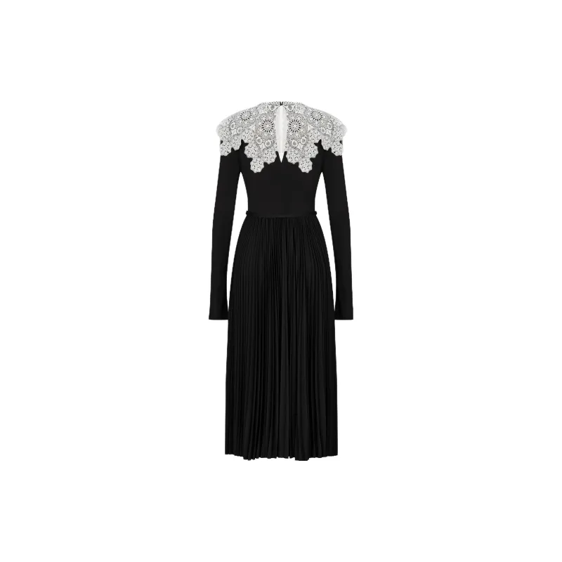 DIOR Mid-Length Pleated Dress Long-Sleeved Dresses Women's Black-1