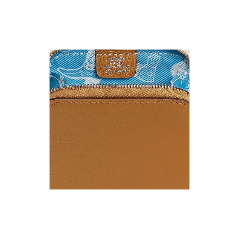 HERMES Silk'In Evercolor Calfskin Coin Purse Women's Caramel Brown With Blue Accents-2