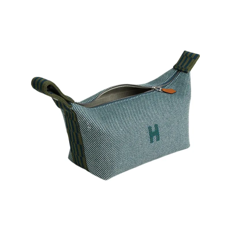 HERMES Bride a Brac Wool, Twill Fabric Handbag, Toiletry Bag Women's Denim Blue-1