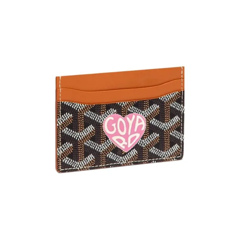 GOYARD Saint-Sulpice Canvas With Calfskin Card Clip Card Holder Unisex Brown & Pink Red Small Heart-0