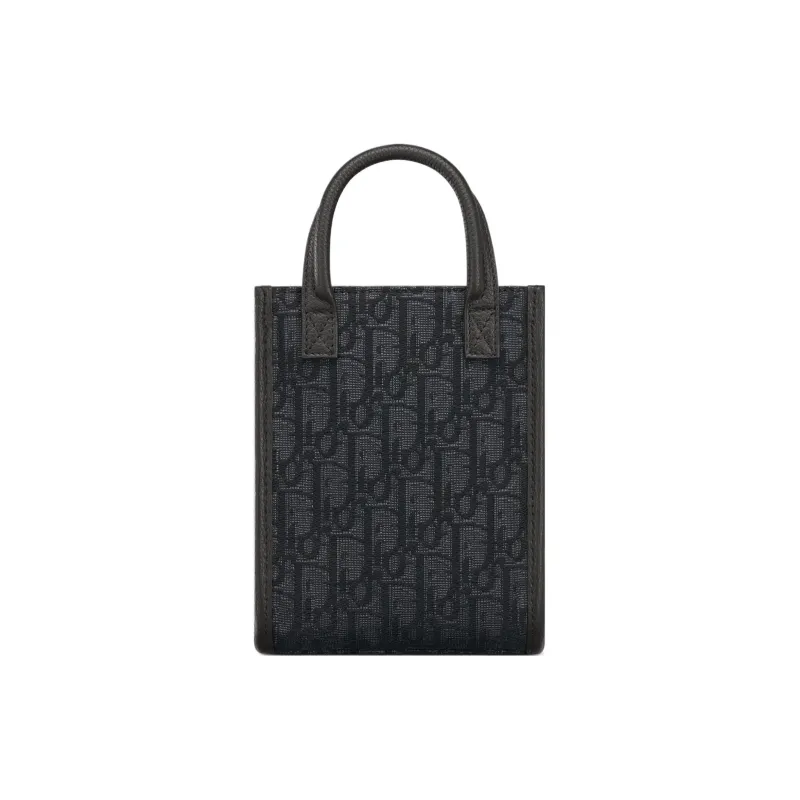 DIOR Oblique Printed Fabric Grain Embossed Cow Leather Handbag Shoulder Bag Crossbody Bag Mini Men's Black-3