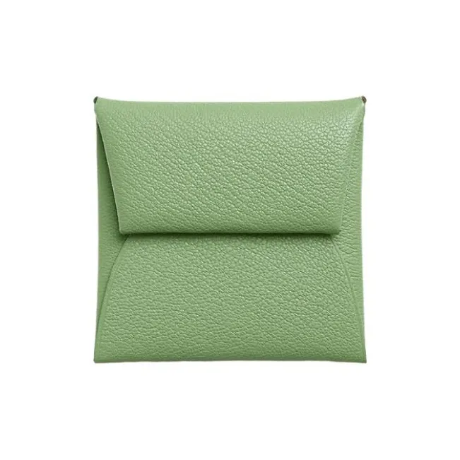 HERMES Bastia Mysore Goat Skin Card Holder Coin Purse Women's Prickly Acacia Green With Caramel-0