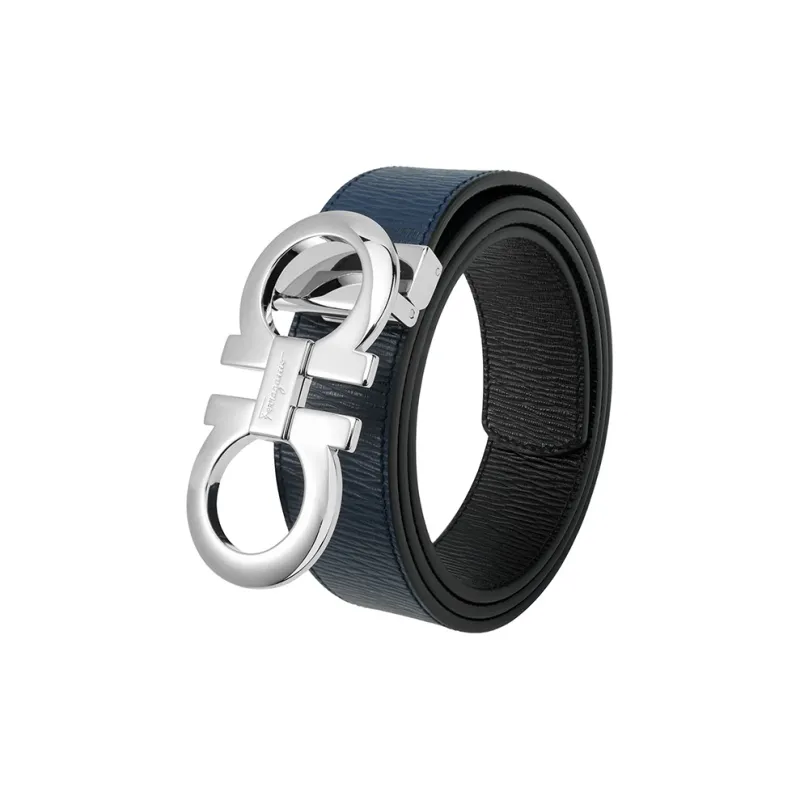 FERRAGAMO Cow Leather Belts Men's Black/Blue Width 3.5cm-5