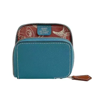 HERMES Silk'In Epsom Leather Coin Purse Women's New Denim Blue With Spicy Red Accents