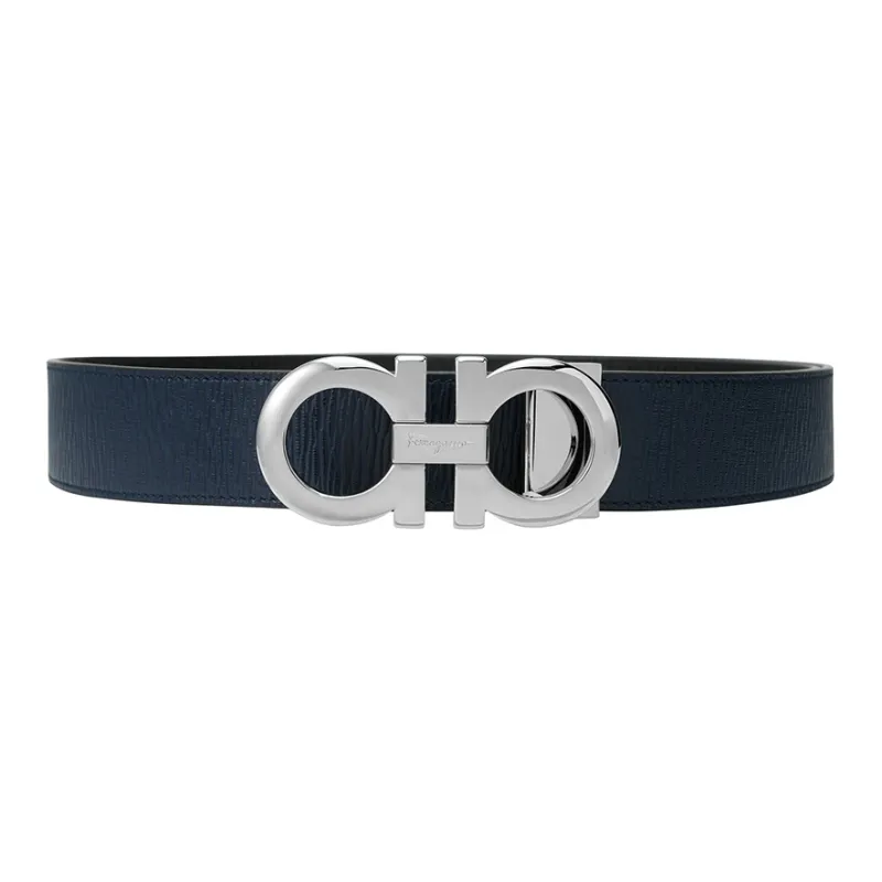 FERRAGAMO Cow Leather Belts Men's Black/Blue Width 3.5cm-3