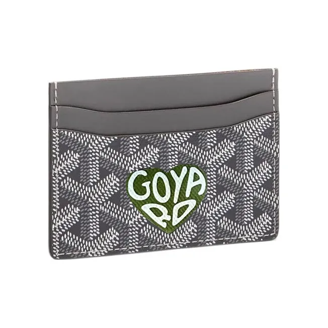 GOYARD Saint-Sulpice Canvas With Leather Dog's Teeth Card Clip Card Holder Unisex Gray Spells Green Small Hearts-0