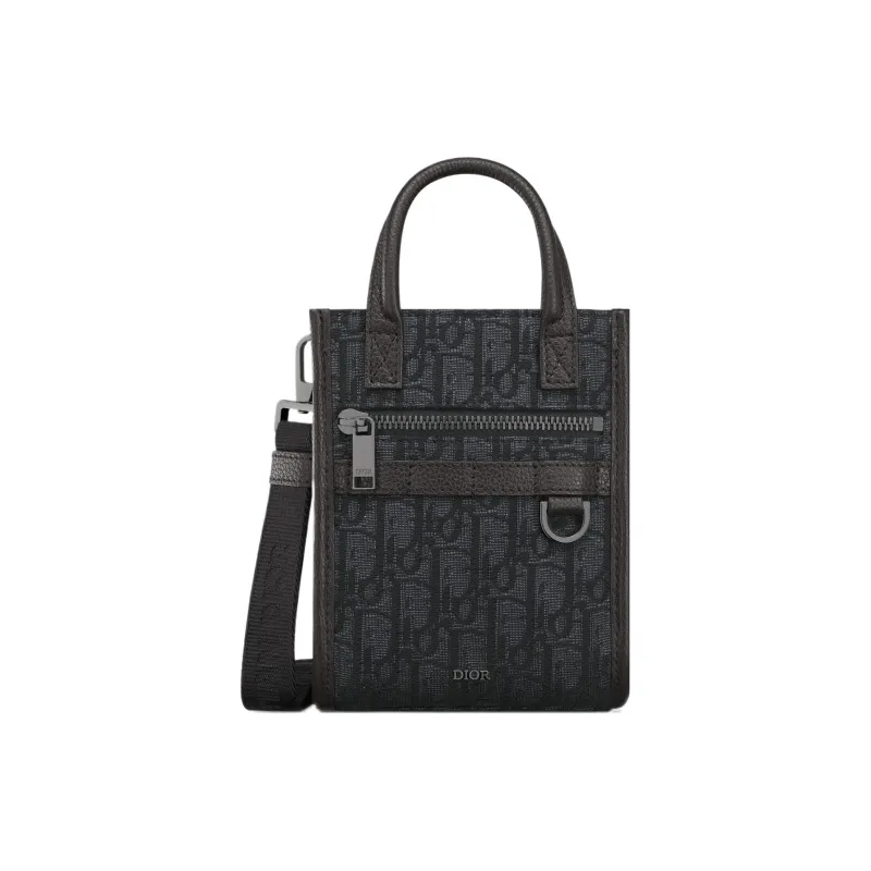 DIOR Oblique Printed Fabric Grain Embossed Cow Leather Handbag Shoulder Bag Crossbody Bag Mini Men's Black-0