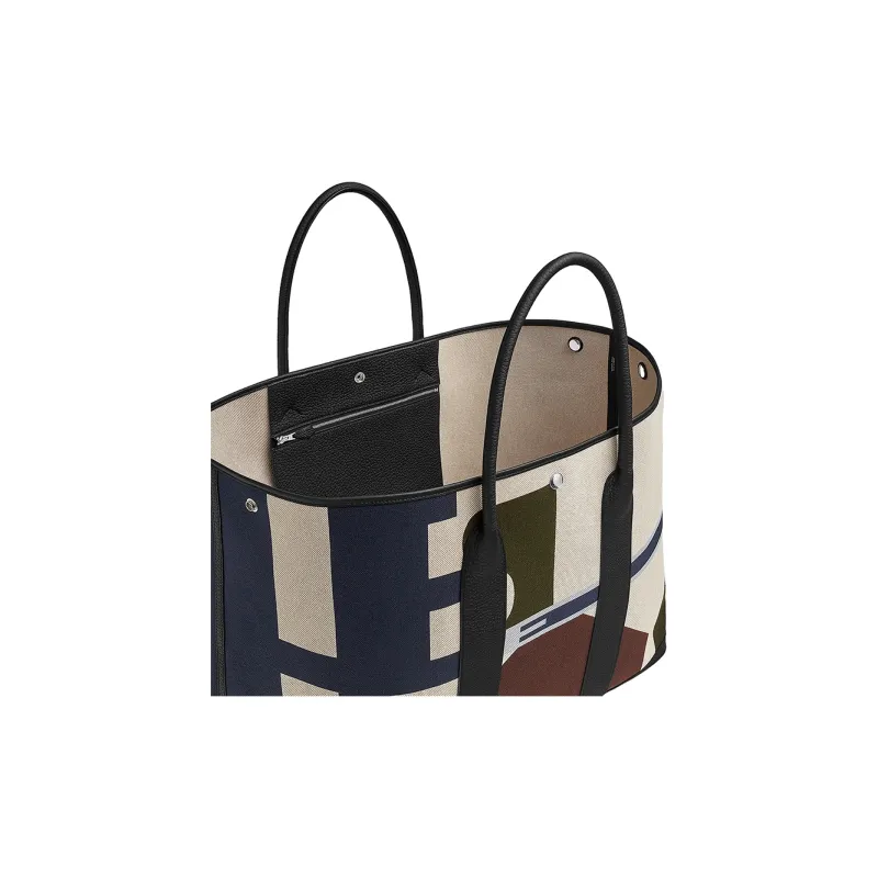 HERMES Garden H Plume Hermès Pacific Canvas With Negonda Calfskin Handbag Women's Indigo & Light Beige & Beige & Black-2