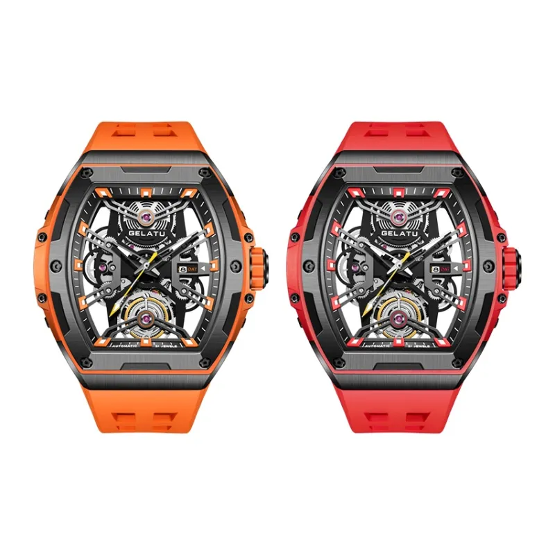 GELATU Automatic Mechanical Movement Silicone Strap Watch Unisex Red Watch Dial-0
