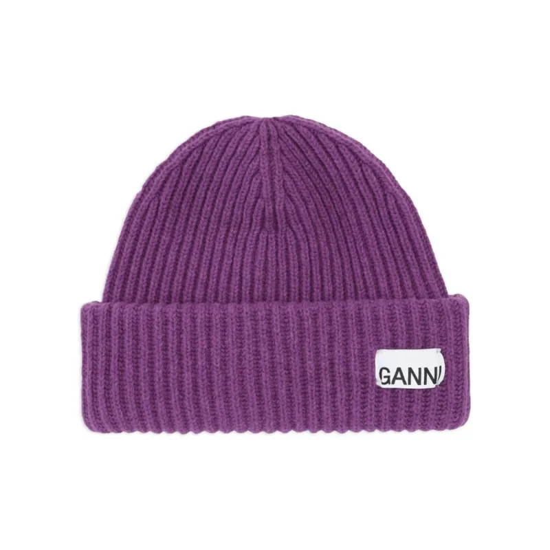 GANNI Logo-patch Ribbed-knit Beanie-0