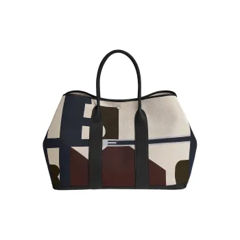 HERMES Garden H Plume Hermès Pacific Canvas With Negonda Calfskin Handbag Women's Indigo & Light Beige & Beige & Black