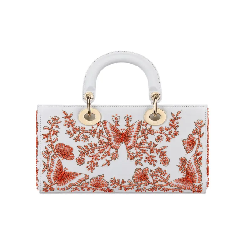 DIOR Lady D-JOY Calfskin Shoulder Bag Crossbody Bag Handbag Medium Size Women's White & Red-4