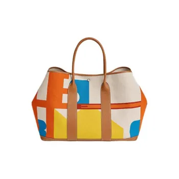 HERMES Garden Party H Plume Hermès Pacific Canvas With Negonda Calfskin Garden Handbag Women's Orange Red & Light Beige