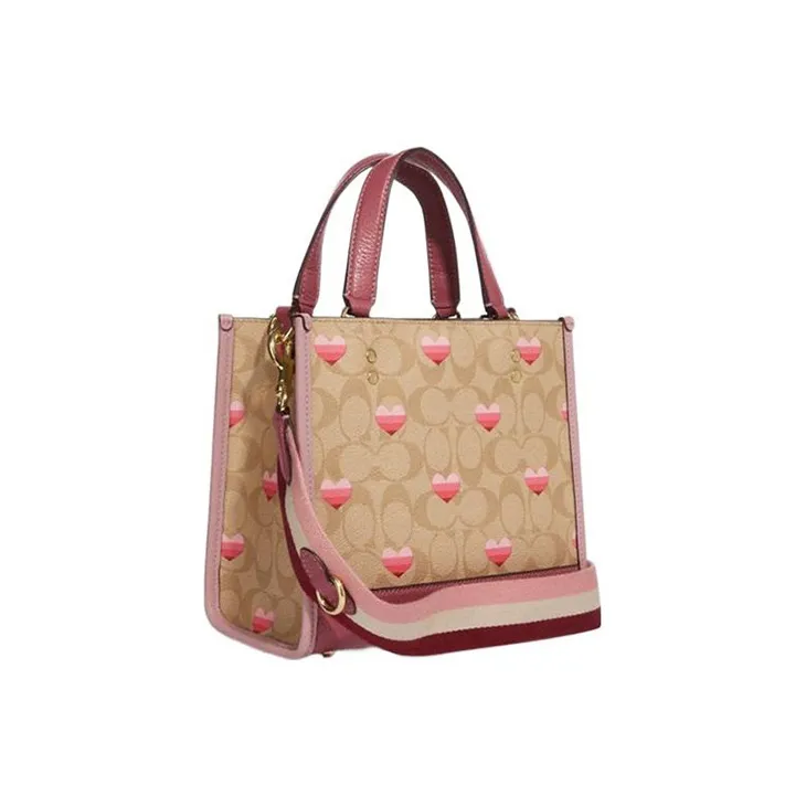 COACH Dempsey Canvas, Leather Tote Bag, Shopping Bag, Crossbody Bag Trumpets Women's Brown & Pink-1