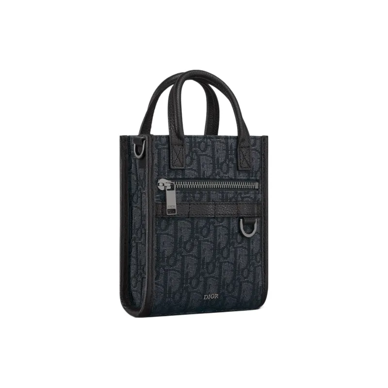 DIOR Oblique Printed Fabric Grain Embossed Cow Leather Handbag Shoulder Bag Crossbody Bag Mini Men's Black-2