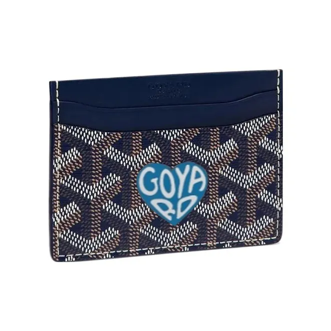 GOYARD Saint-Sulpice Canvas With Leather Dog's Teeth Card Clip Card Holder Unisex Navy Blue Spell Sky Blue Little Heart-0