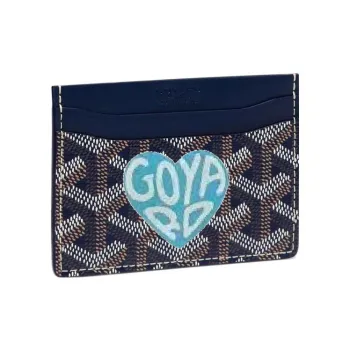 GOYARD Canvas With Calfskin Card Clip Card Holder Unisex Marine Blue With Light Blue Accents And Small Heart Design