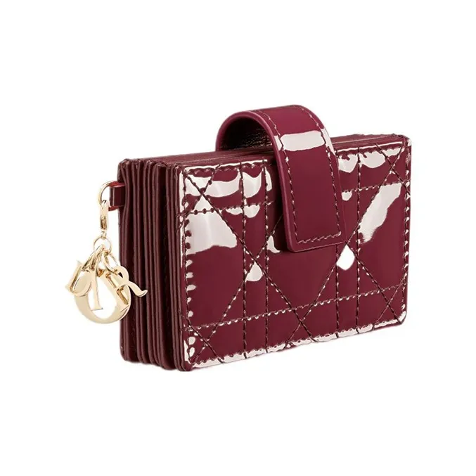 DIOR Patent Leather Calfskin Card Holder Women's Dark Purple Red-1